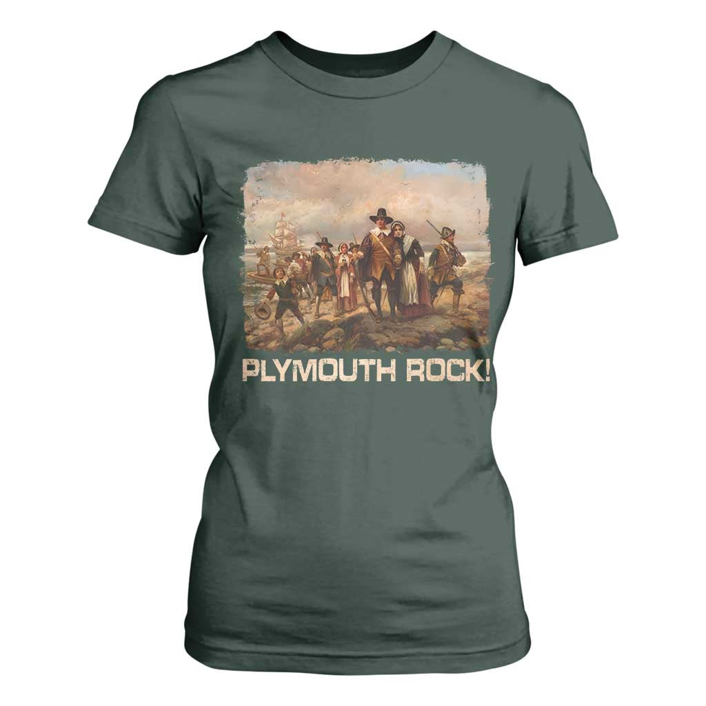 Plymouth Rock T Shirt For Women Mayflower Pilgrims Thanksgiving History TS11 Dark Forest Green Print Your Wear