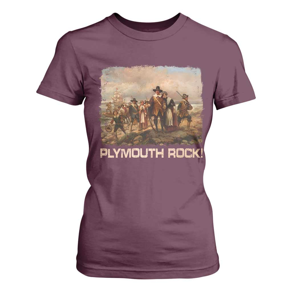 Plymouth Rock T Shirt For Women Mayflower Pilgrims Thanksgiving History TS11 Maroon Print Your Wear