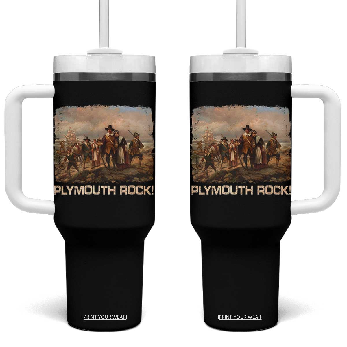 Plymouth Rock Tumbler With Handle Mayflower Pilgrims Thanksgiving History TS11 One Size: 40 oz Black Print Your Wear