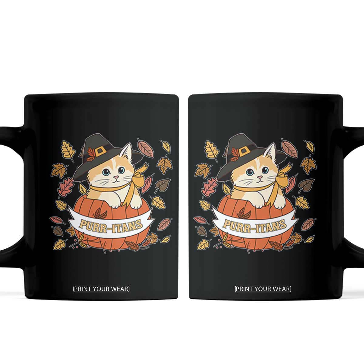 Funny Thanksgiving Cat Lover Coffee Mug Purritans Pilgrim Puritans Hat TS11 Black Print Your Wear
