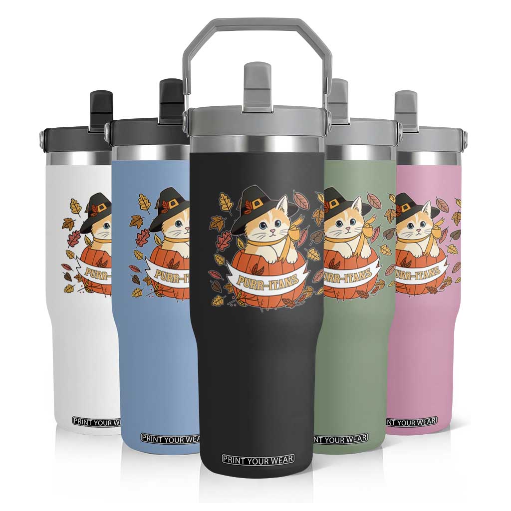 Funny Thanksgiving Cat Lover Flip Straw Tumbler Purritans Pilgrim Puritans Hat TS11 Print Your Wear