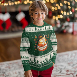 Funny Thanksgiving Cat Lover Ugly Christmas Sweater Purritans Pilgrim Puritans Hat TS11 Forest Green Beige Print Your Wear