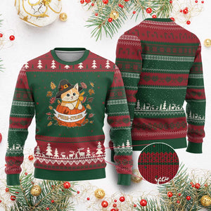 Funny Thanksgiving Cat Lover Ugly Christmas Sweater Purritans Pilgrim Puritans Hat TS11 Red Green Print Your Wear