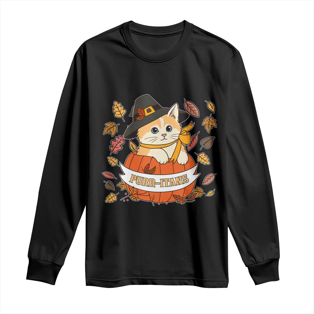 Funny Thanksgiving Cat Lover Long Sleeve Shirt Purritans Pilgrim Puritans Hat TS11 Black Print Your Wear