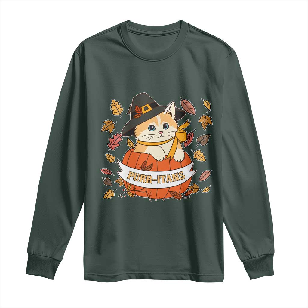 Funny Thanksgiving Cat Lover Long Sleeve Shirt Purritans Pilgrim Puritans Hat TS11 Dark Forest Green Print Your Wear
