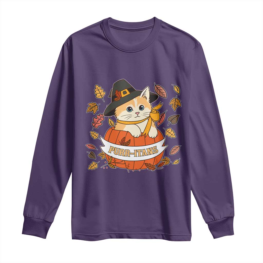 Funny Thanksgiving Cat Lover Long Sleeve Shirt Purritans Pilgrim Puritans Hat TS11 Purple Print Your Wear