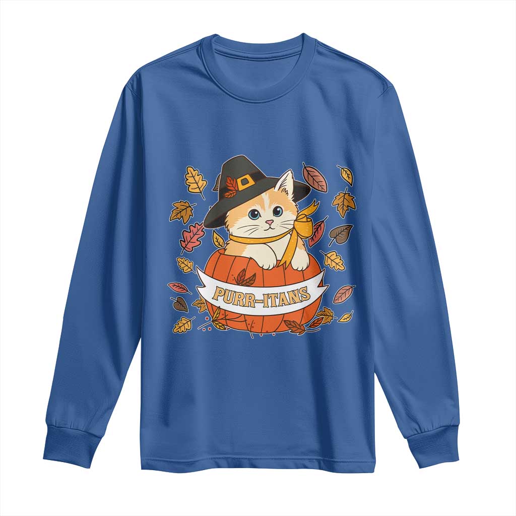 Funny Thanksgiving Cat Lover Long Sleeve Shirt Purritans Pilgrim Puritans Hat TS11 Royal Blue Print Your Wear
