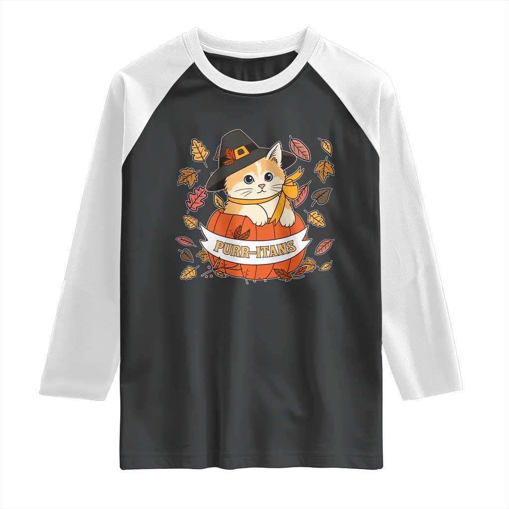 Funny Thanksgiving Cat Lover Raglan Shirt Purritans Pilgrim Puritans Hat TS11 Black White Print Your Wear