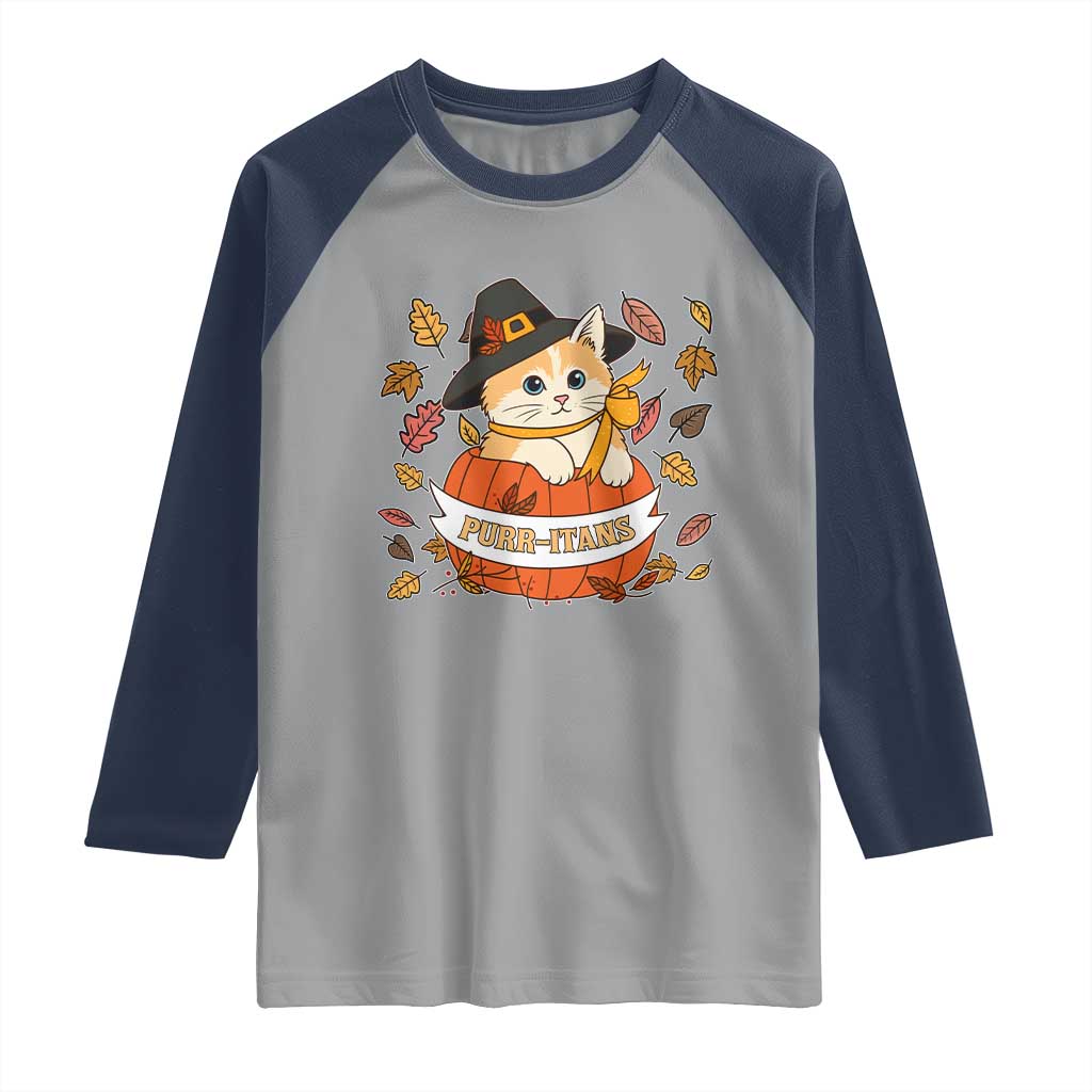 Funny Thanksgiving Cat Lover Raglan Shirt Purritans Pilgrim Puritans Hat TS11 Sport Gray Navy Print Your Wear
