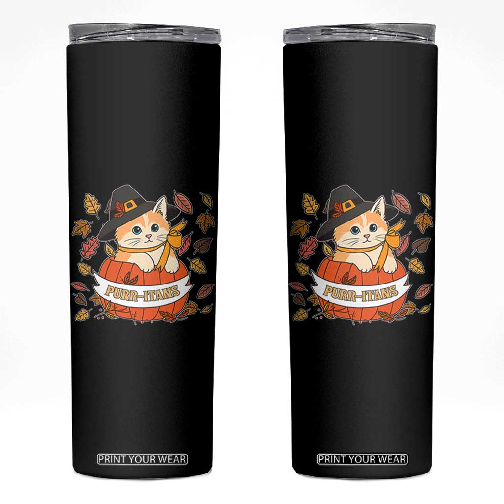 Funny Thanksgiving Cat Lover Skinny Tumbler Purritans Pilgrim Puritans Hat TS11 Black Print Your Wear