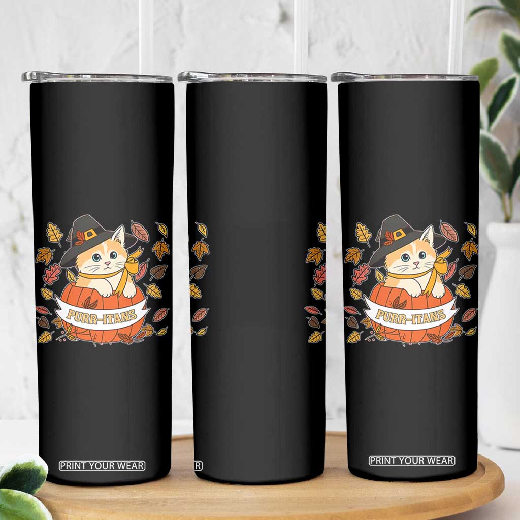 Funny Thanksgiving Cat Lover Skinny Tumbler Purritans Pilgrim Puritans Hat TS11 Print Your Wear