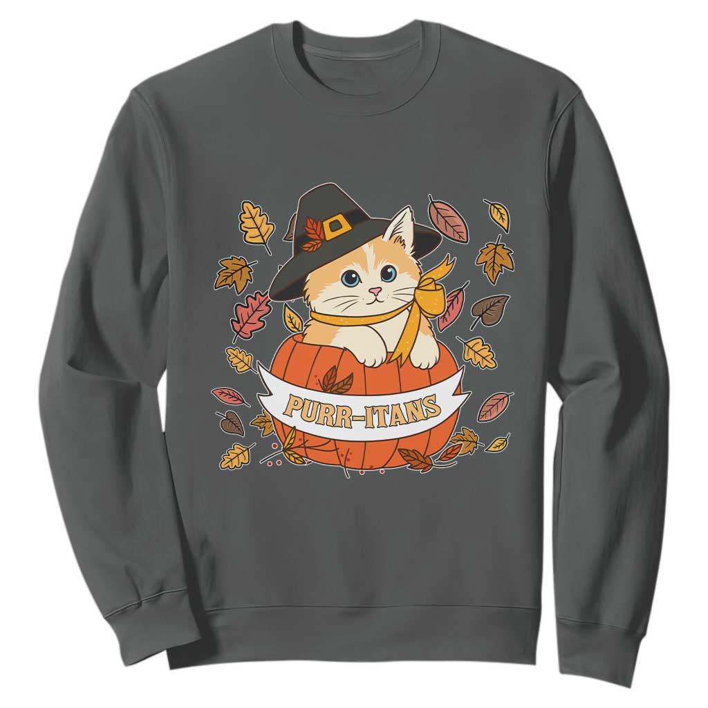 Funny Thanksgiving Cat Lover Sweatshirt Purritans Pilgrim Puritans Hat TS11 Dark Heather Print Your Wear