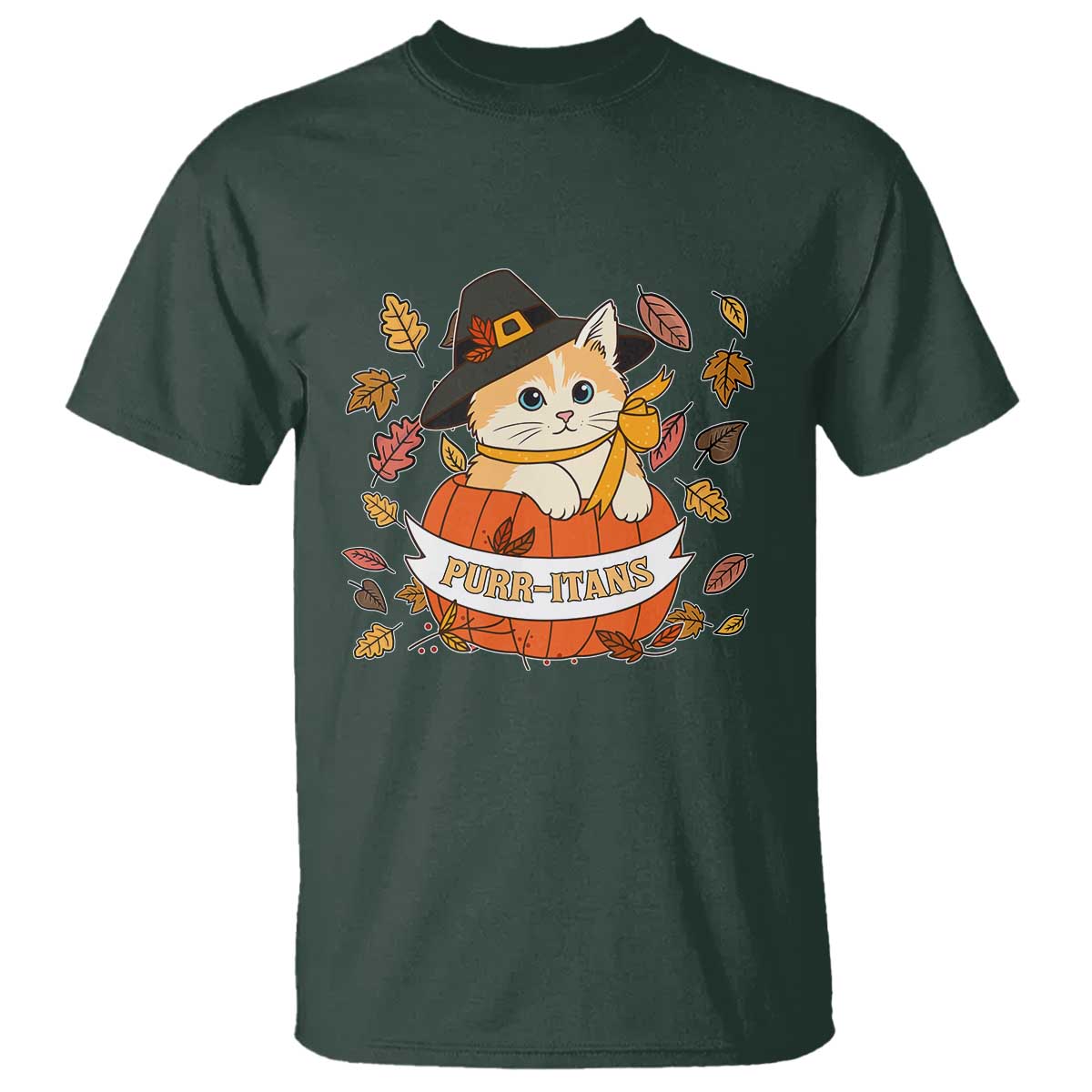 Funny Thanksgiving Cat Lover T Shirt Purritans Pilgrim Puritans Hat TS11 Dark Forest Green Print Your Wear