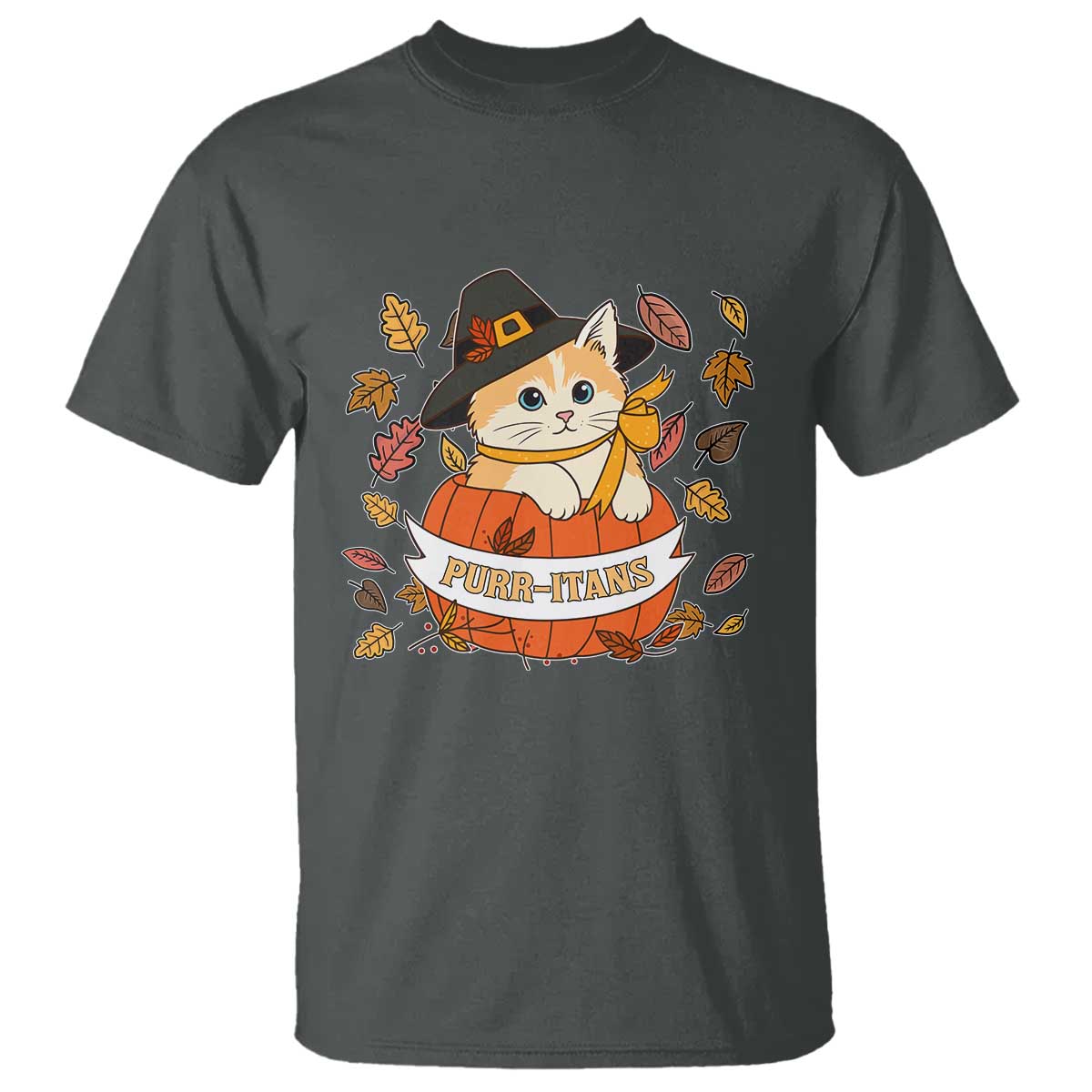 Funny Thanksgiving Cat Lover T Shirt Purritans Pilgrim Puritans Hat TS11 Dark Heather Print Your Wear
