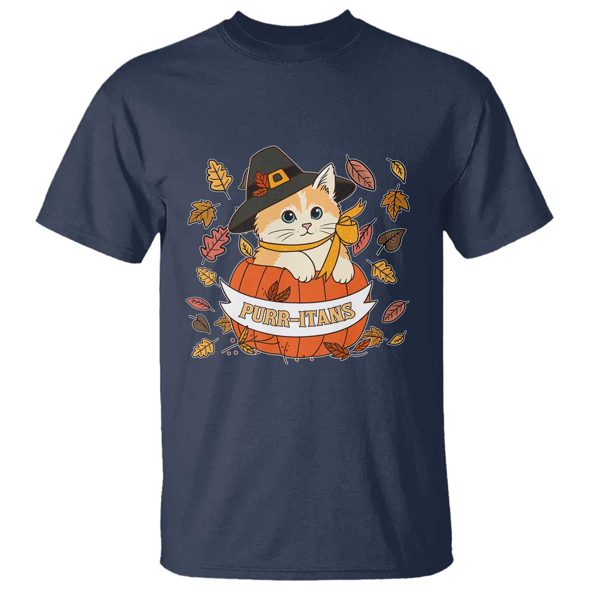 Funny Thanksgiving Cat Lover T Shirt Purritans Pilgrim Puritans Hat TS11 Navy Print Your Wear