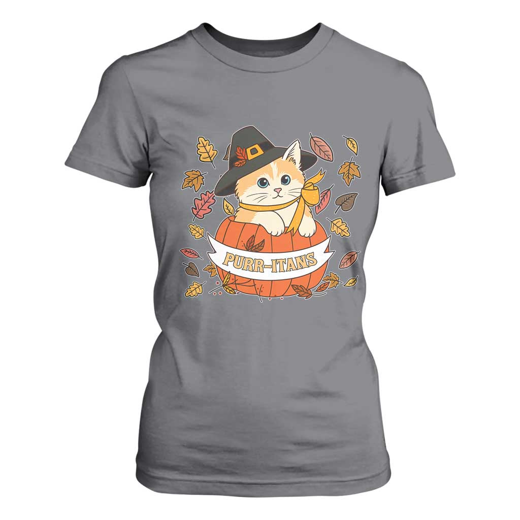 Funny Thanksgiving Cat Lover T Shirt For Women Purritans Pilgrim Puritans Hat TS11 Charcoal Print Your Wear