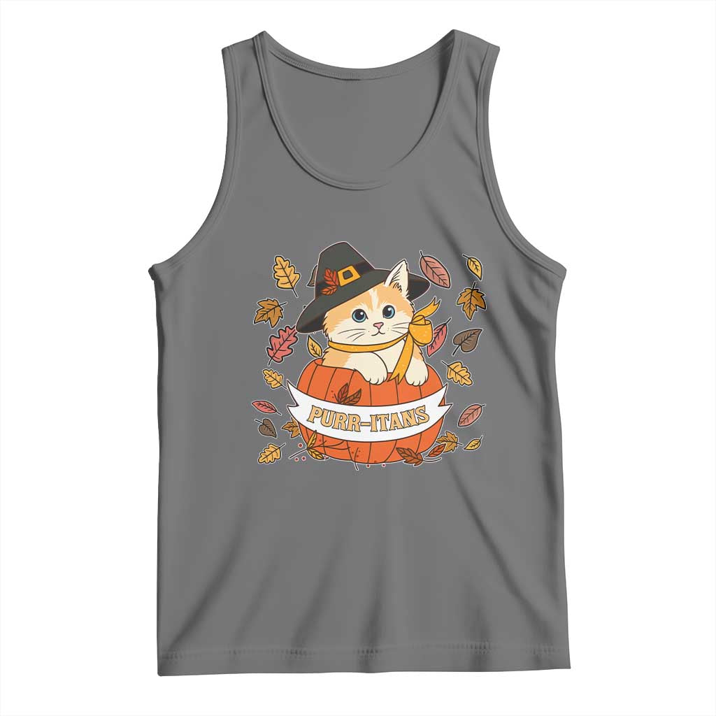Funny Thanksgiving Cat Lover Tank Top Purritans Pilgrim Puritans Hat TS11 Black Heather Print Your Wear