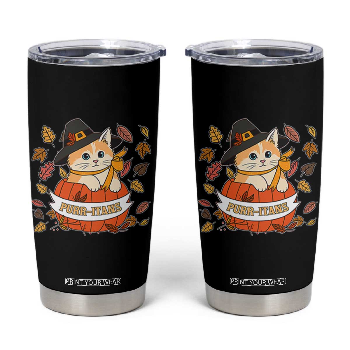Funny Thanksgiving Cat Lover Tumbler Cup Purritans Pilgrim Puritans Hat TS11 Black Print Your Wear