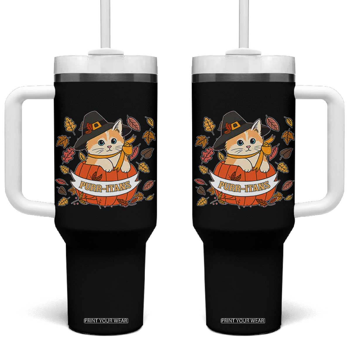Funny Thanksgiving Cat Lover Tumbler With Handle Purritans Pilgrim Puritans Hat TS11 One Size: 40 oz Black Print Your Wear