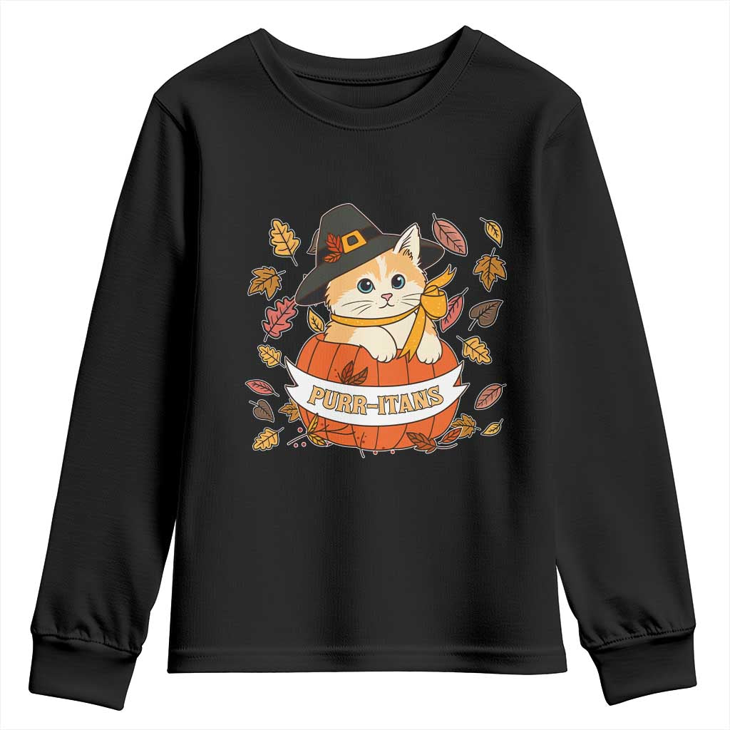 Funny Thanksgiving Cat Lover Youth Sweatshirt Purritans Pilgrim Puritans Hat TS11 Black Print Your Wear