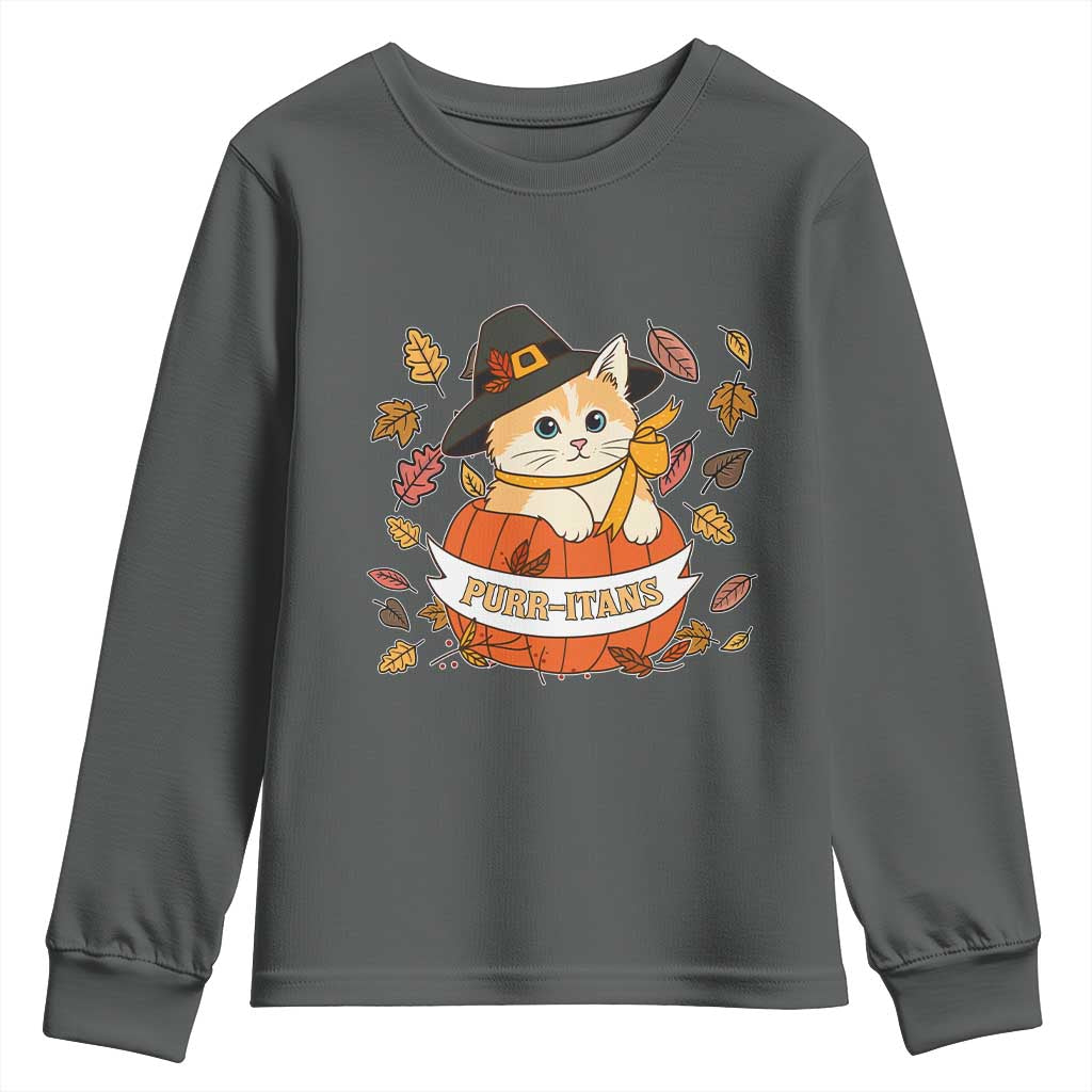 Funny Thanksgiving Cat Lover Youth Sweatshirt Purritans Pilgrim Puritans Hat TS11 Dark Heather Print Your Wear