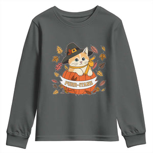 Funny Thanksgiving Cat Lover Youth Sweatshirt Purritans Pilgrim Puritans Hat TS11 Dark Heather Print Your Wear