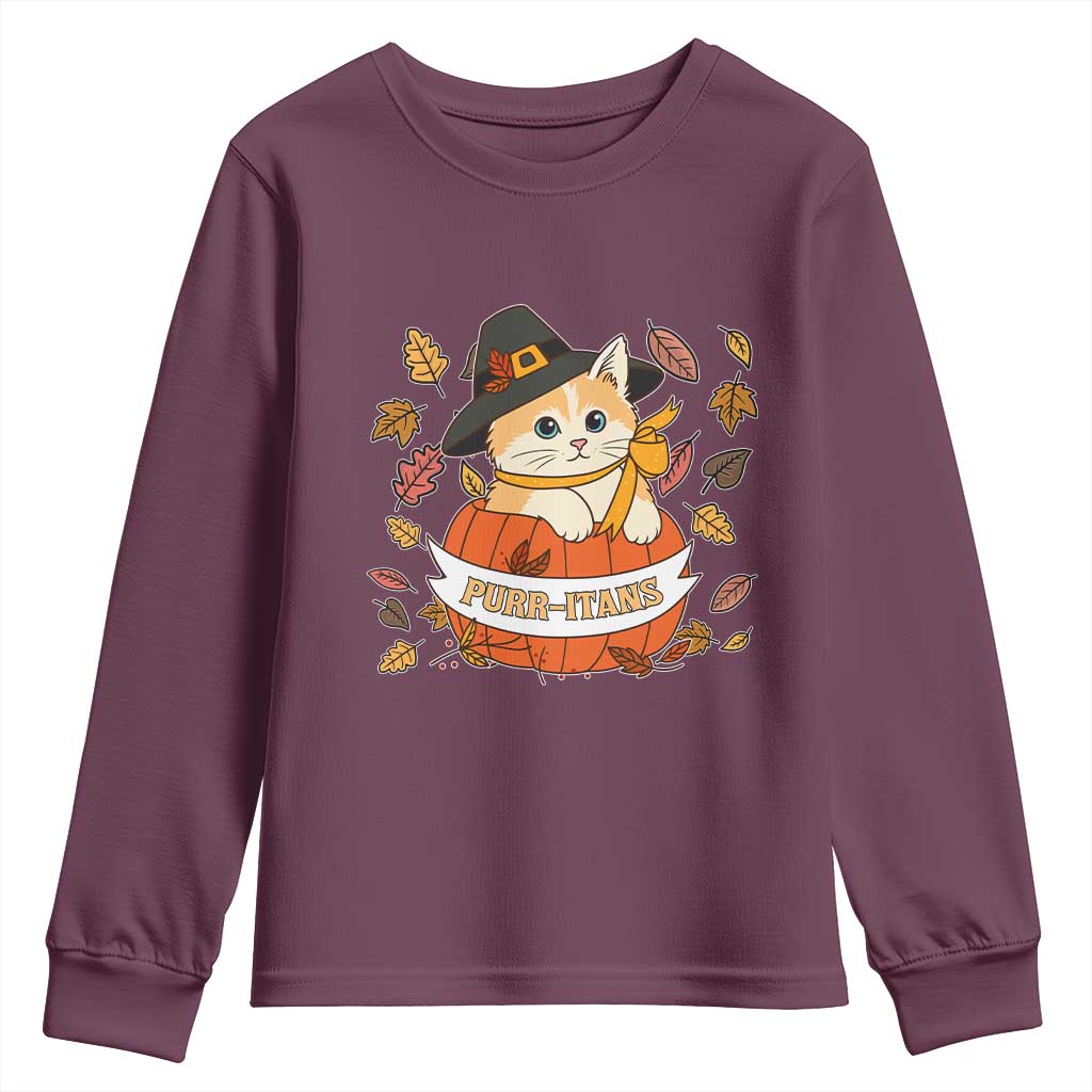 Funny Thanksgiving Cat Lover Youth Sweatshirt Purritans Pilgrim Puritans Hat TS11 Maroon Print Your Wear