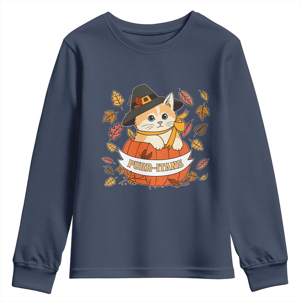 Funny Thanksgiving Cat Lover Youth Sweatshirt Purritans Pilgrim Puritans Hat TS11 Navy Print Your Wear