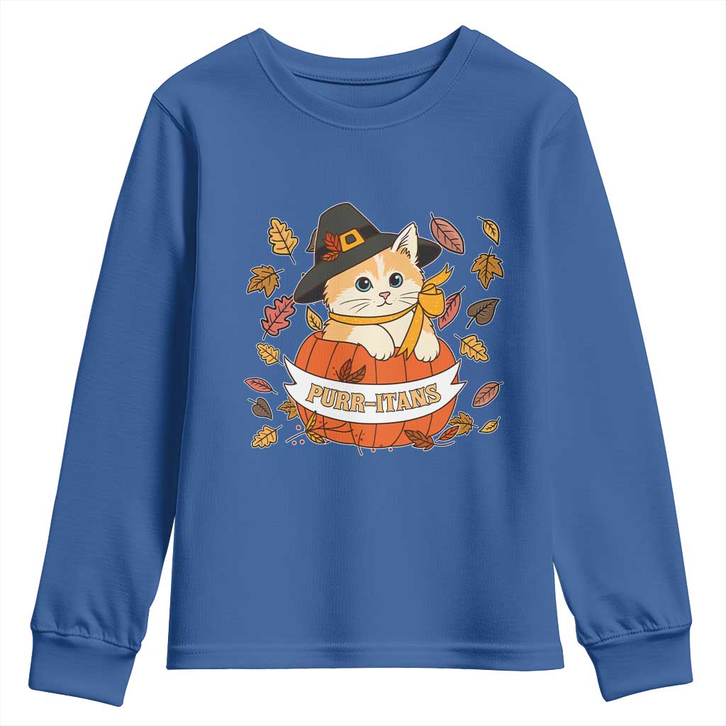 Funny Thanksgiving Cat Lover Youth Sweatshirt Purritans Pilgrim Puritans Hat TS11 Royal Blue Print Your Wear
