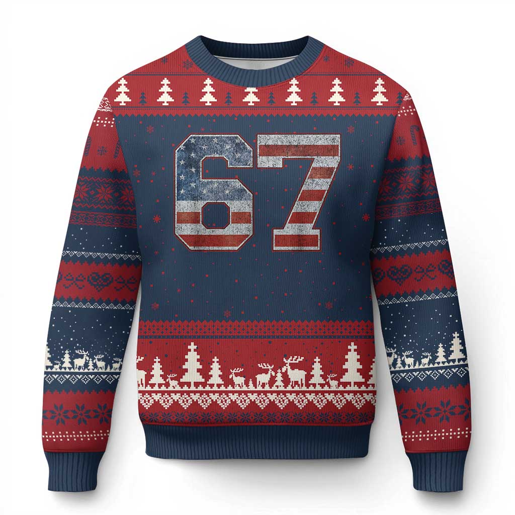 Funny Six Seven 67 Meme Vintage American Flag Ugly Christmas Sweater - Print Your Wear