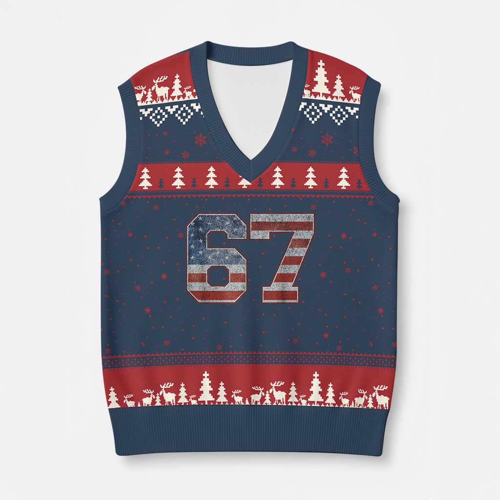 Funny Six Seven 67 Meme Vintage American Flag V-Neck Knit Sweater Vest - Print Your Wear