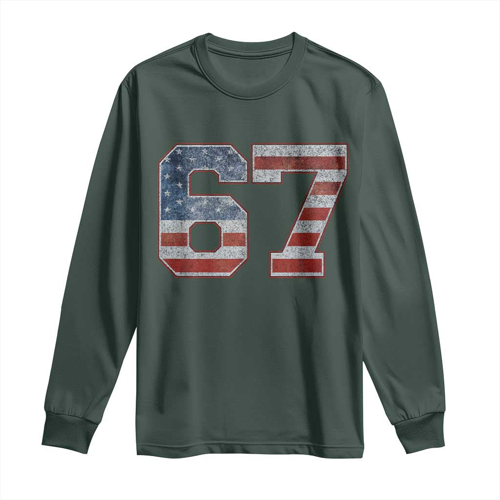 Funny Six Seven 67 Meme Vintage American Flag Long Sleeve Shirt TS11 Dark Forest Green Print Your Wear