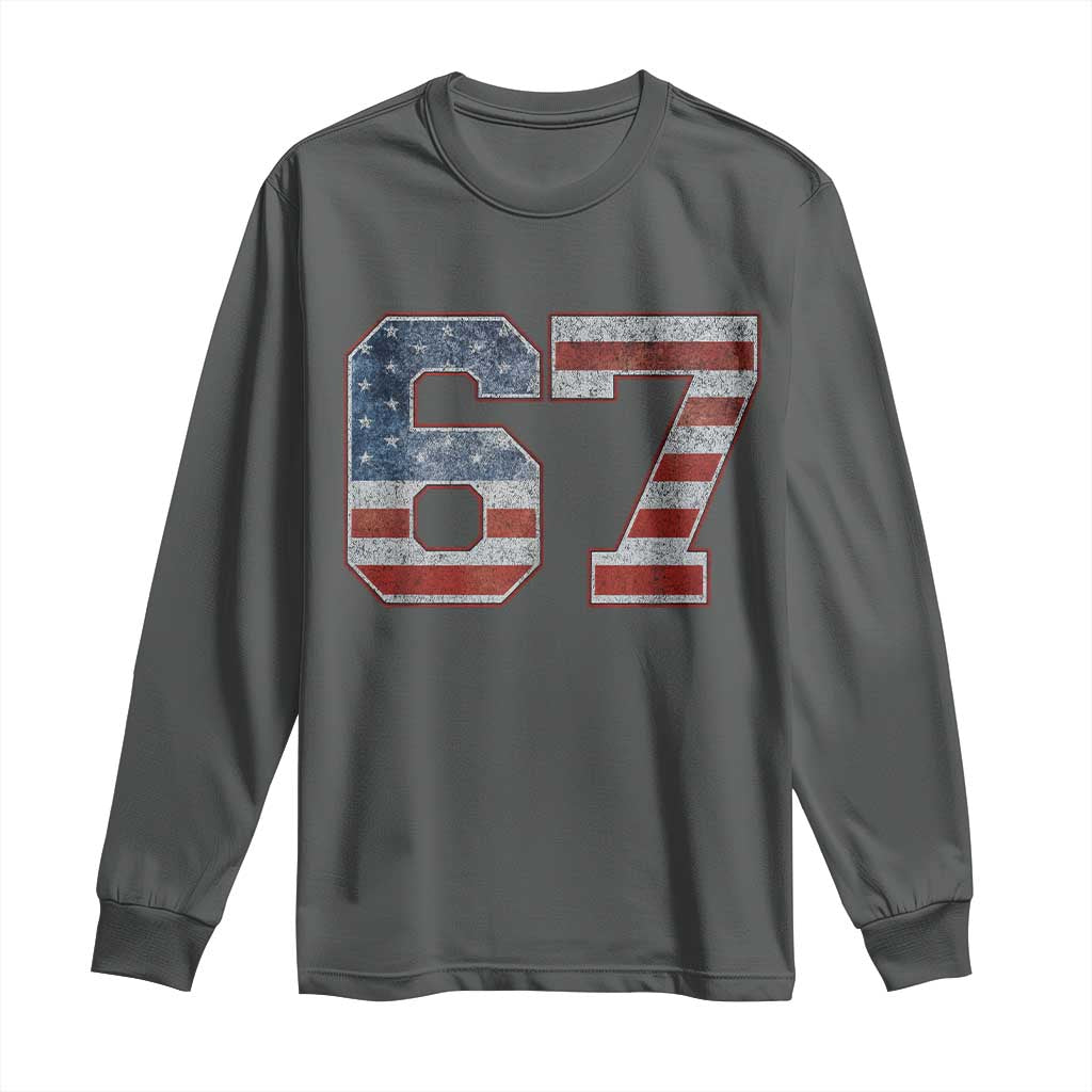 Funny Six Seven 67 Meme Vintage American Flag Long Sleeve Shirt TS11 Dark Heather Print Your Wear