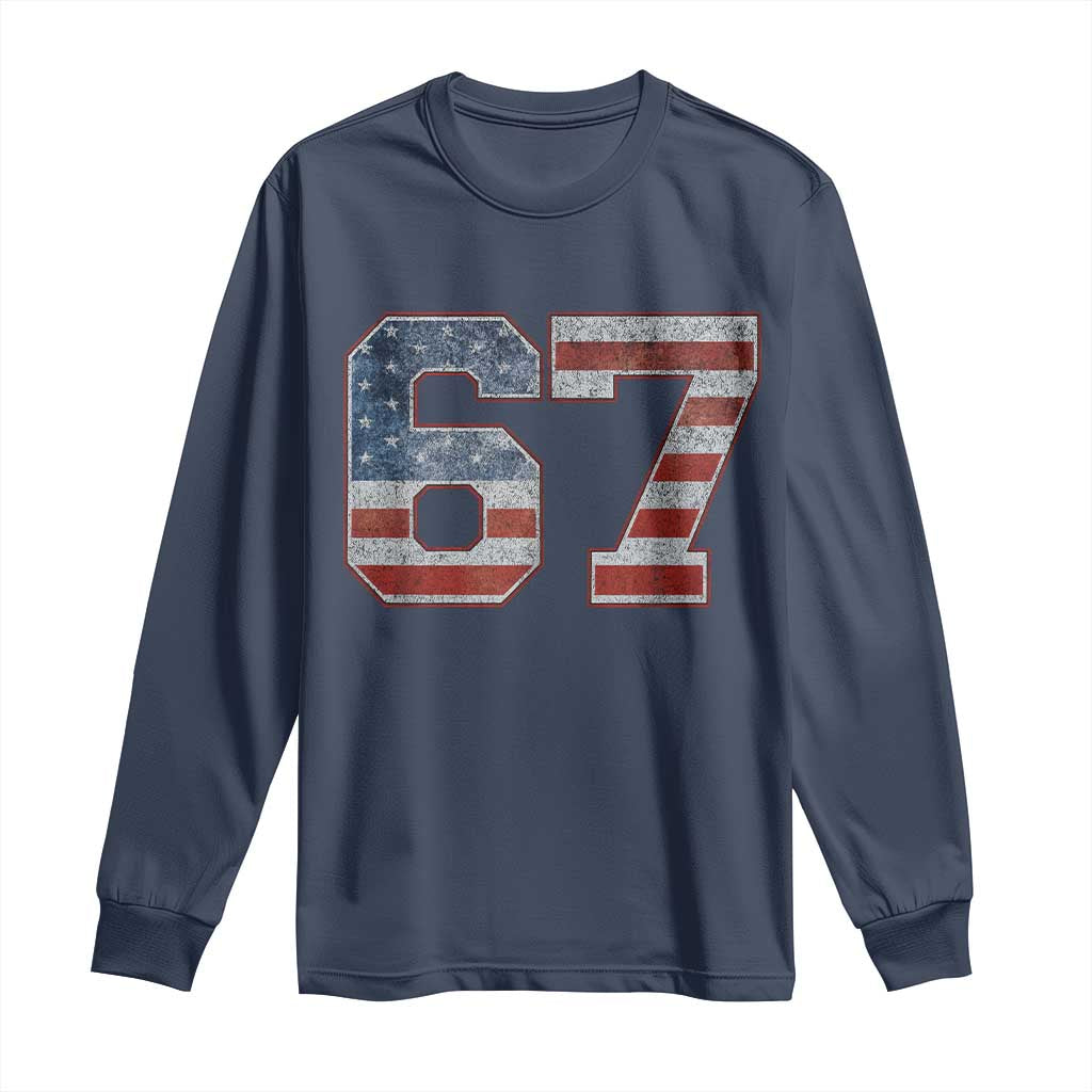 Funny Six Seven 67 Meme Vintage American Flag Long Sleeve Shirt TS11 Navy Print Your Wear