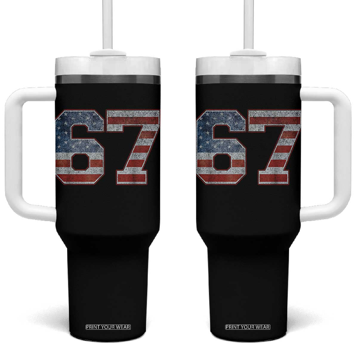 Funny Six Seven 67 Meme Vintage American Flag Tumbler With Handle TS11 One Size: 40 oz Black Print Your Wear