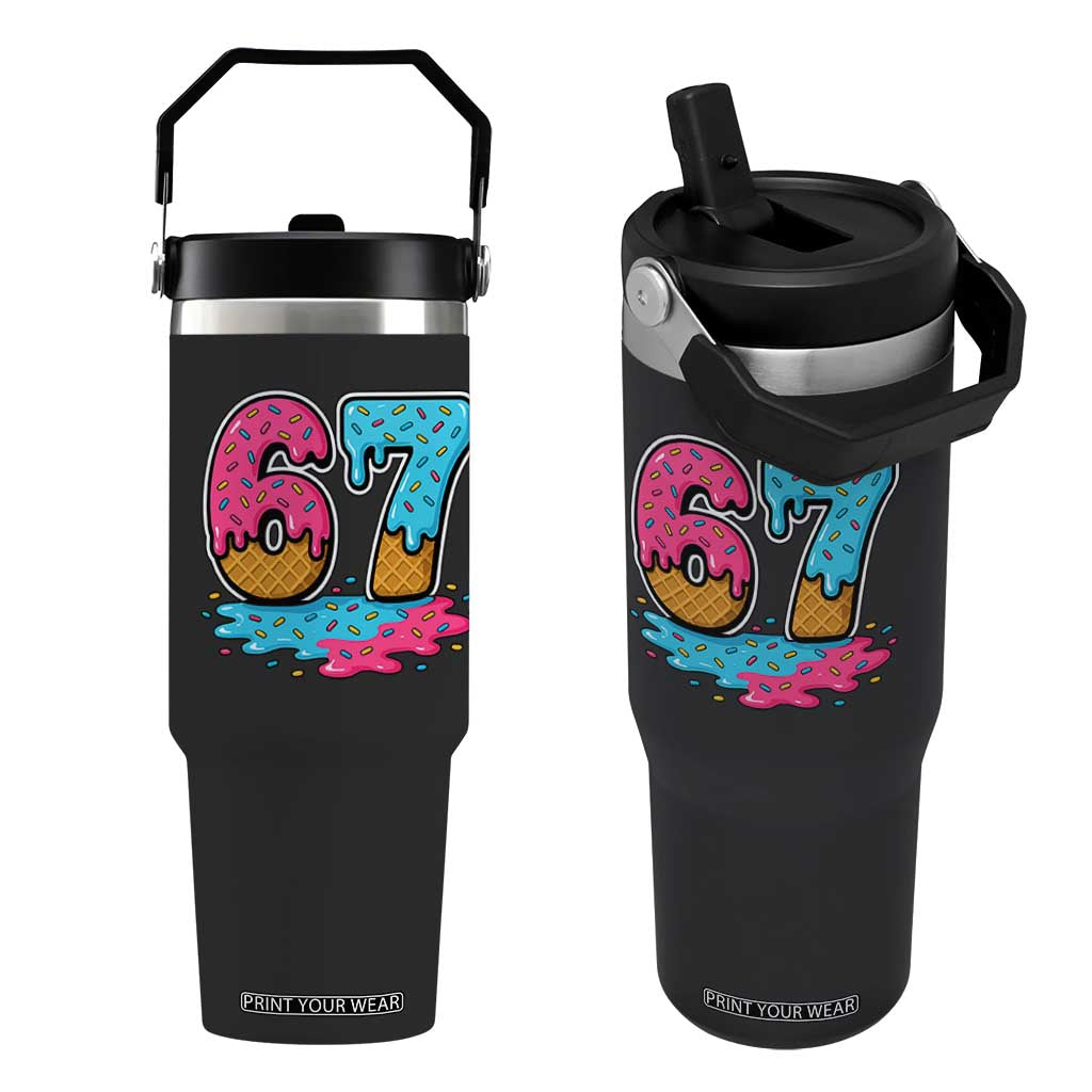 Funny 67 Ice Cream Drip Meme Six Seven Gen Alpha Slang Flip Straw Tumbler TS11 One Size: 30 oz Black Print Your Wear