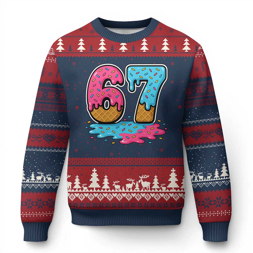 Funny 67 Ice Cream Drip Meme Six Seven Gen Alpha Slang Ugly Christmas Sweater TS11 Navy Red Print Your Wear