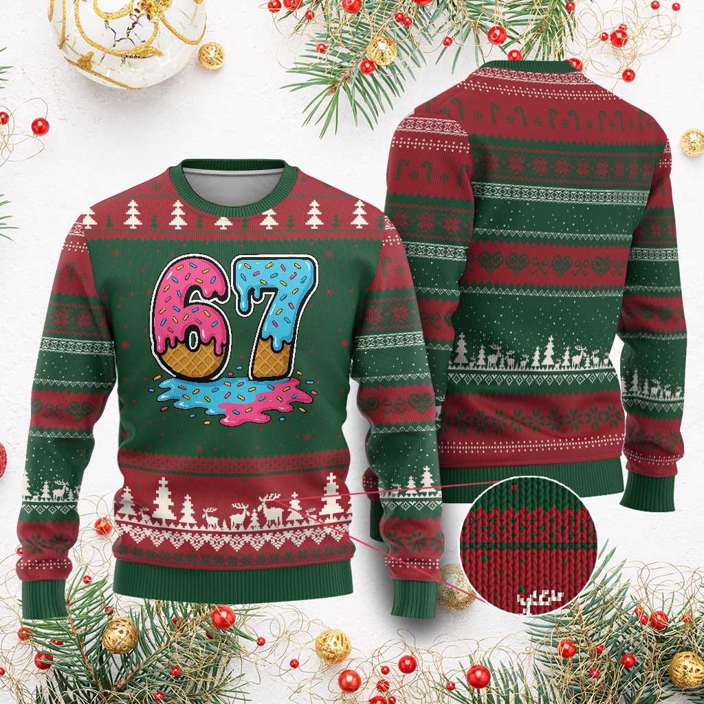 Funny 67 Ice Cream Drip Meme Six Seven Gen Alpha Slang Ugly Christmas Sweater TS11 Red Green Print Your Wear