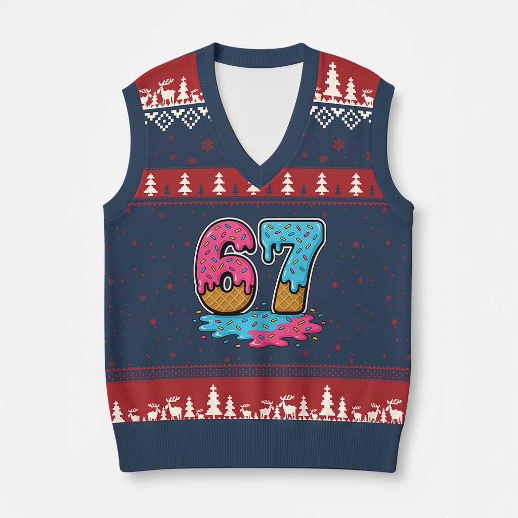 Funny 67 Ice Cream Drip Meme Six Seven Gen Alpha Slang V-Neck Knit Sweater Vest TS11 Navy Red Print Your Wear
