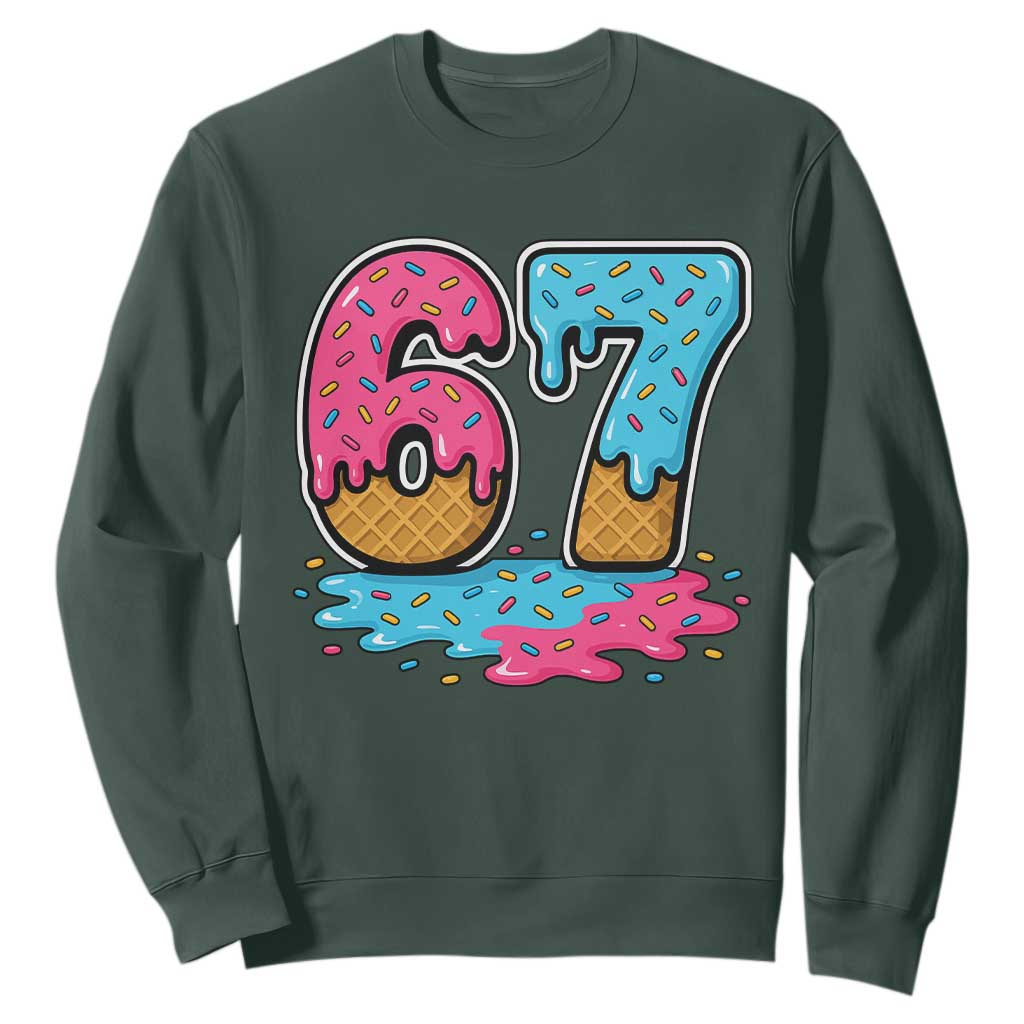 Funny 67 Ice Cream Drip Meme Six Seven Gen Alpha Slang Sweatshirt TS11 Dark Forest Green Print Your Wear