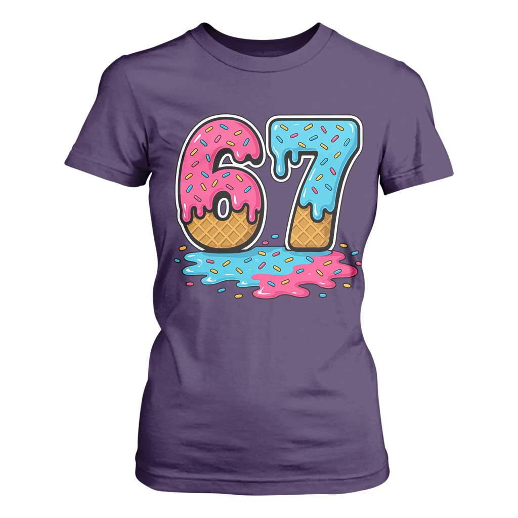 Funny 67 Ice Cream Drip Meme Six Seven Gen Alpha Slang T Shirt For Women TS11 Purple Print Your Wear