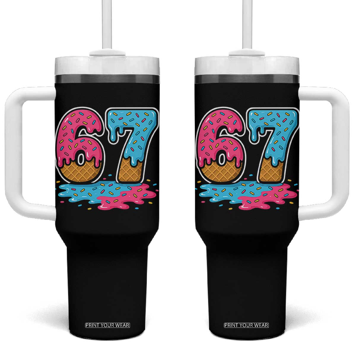 Funny 67 Ice Cream Drip Meme Six Seven Gen Alpha Slang Tumbler With Handle TS11 One Size: 40 oz Black Print Your Wear