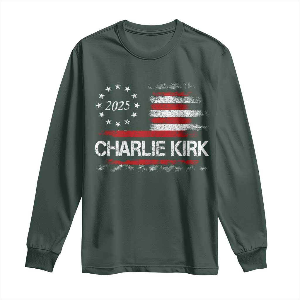 Charlie Kirk 2025 Long Sleeve Shirt Freedom Vintage American Flag TS11 Dark Forest Green Print Your Wear