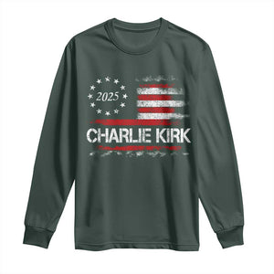 Charlie Kirk 2025 Long Sleeve Shirt Freedom Vintage American Flag TS11 Dark Forest Green Print Your Wear