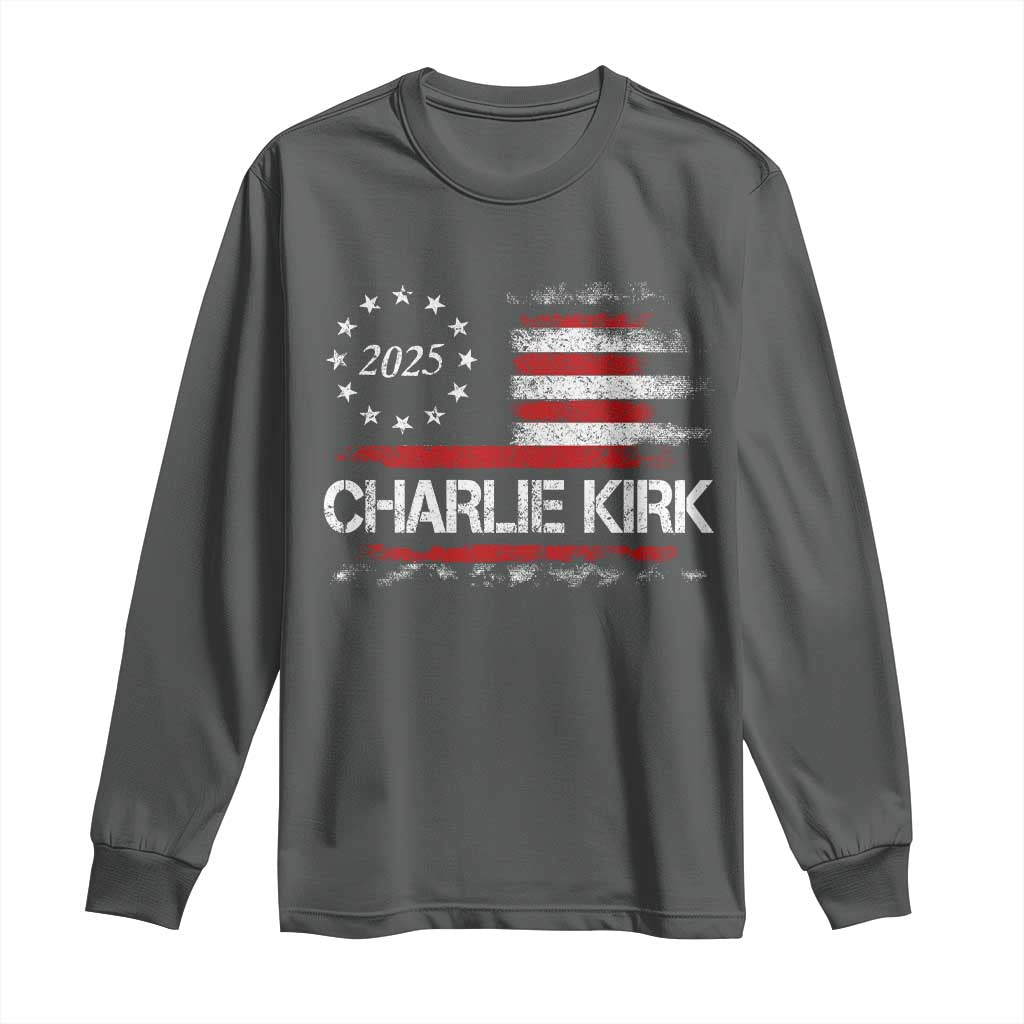 Charlie Kirk 2025 Long Sleeve Shirt Freedom Vintage American Flag TS11 Dark Heather Print Your Wear