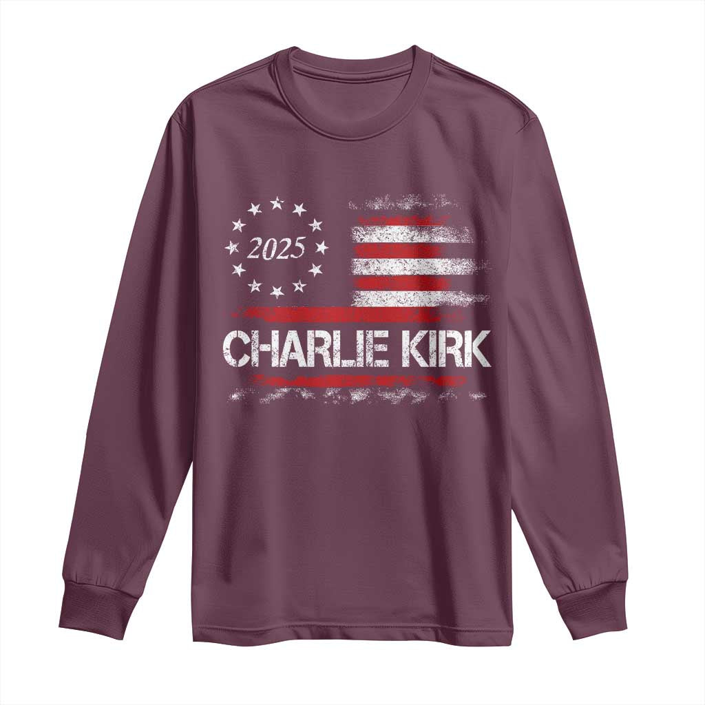 Charlie Kirk 2025 Long Sleeve Shirt Freedom Vintage American Flag TS11 Maroon Print Your Wear