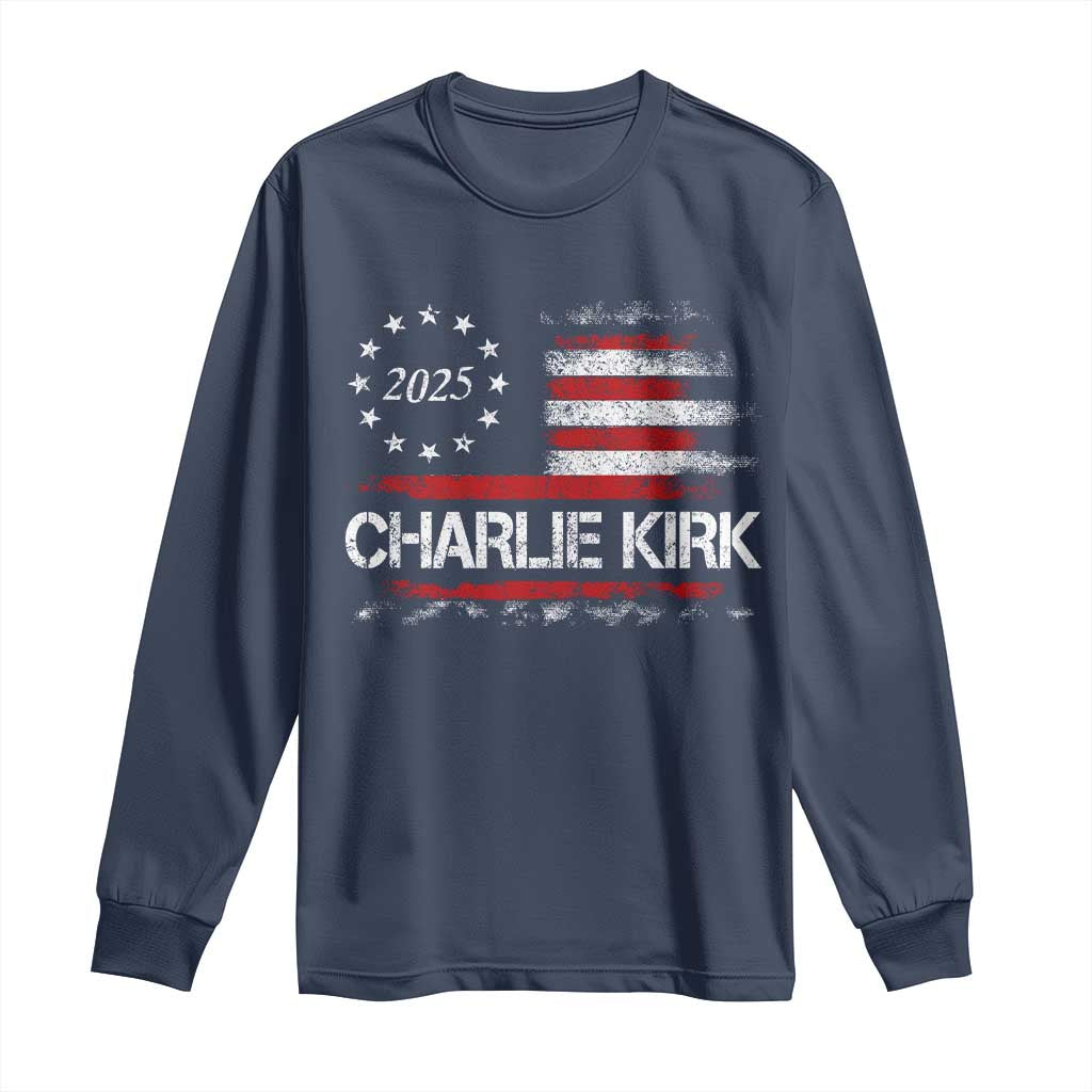 Charlie Kirk 2025 Long Sleeve Shirt Freedom Vintage American Flag TS11 Navy Print Your Wear