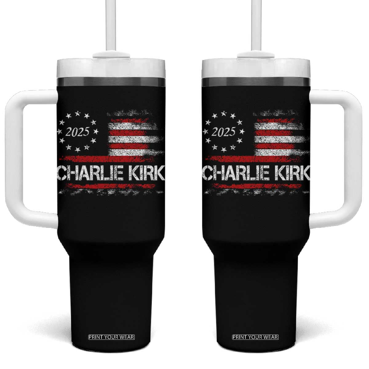 Charlie Kirk 2025 Tumbler With Handle Freedom Vintage American Flag TS11 One Size: 40 oz Black Print Your Wear