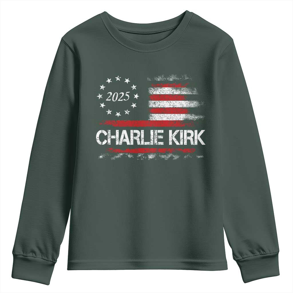 Charlie Kirk 2025 Youth Sweatshirt Freedom Vintage American Flag TS11 Dark Forest Green Print Your Wear