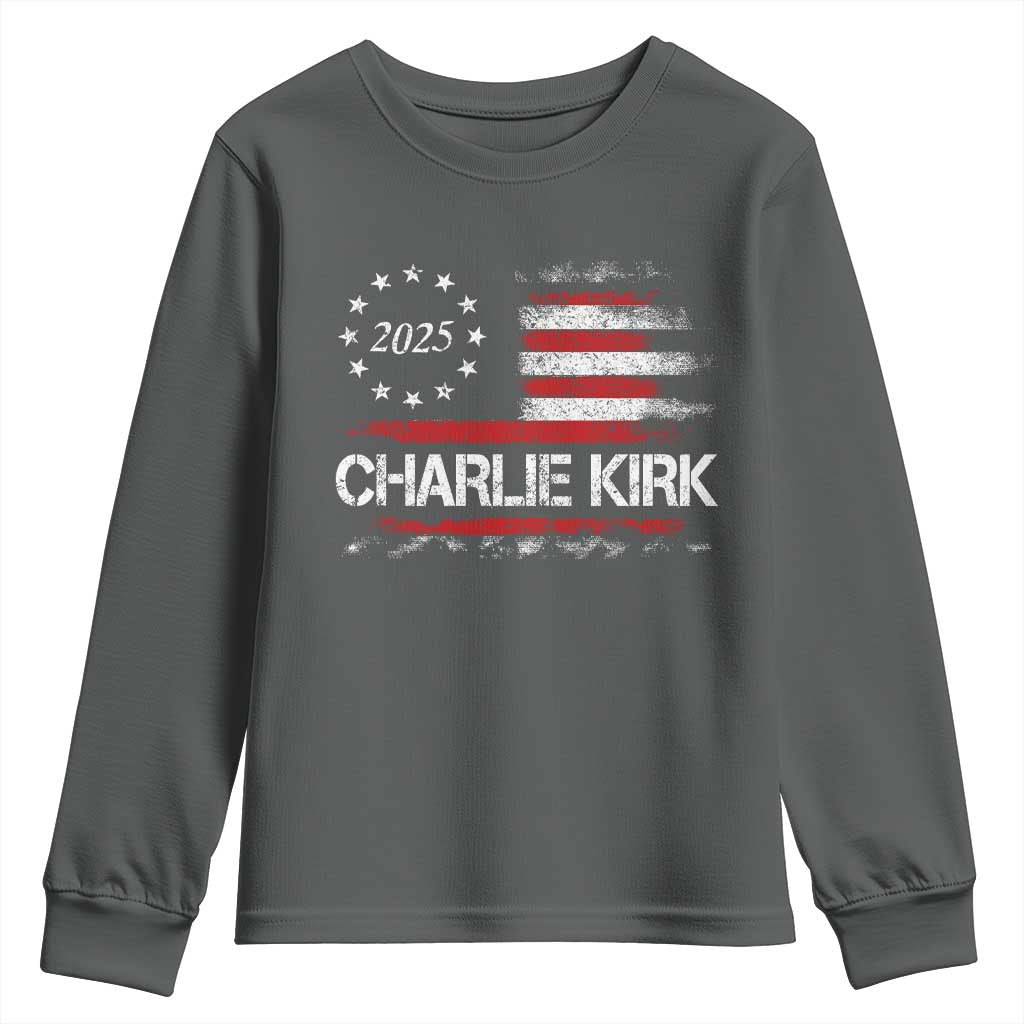 Charlie Kirk 2025 Youth Sweatshirt Freedom Vintage American Flag TS11 Dark Heather Print Your Wear